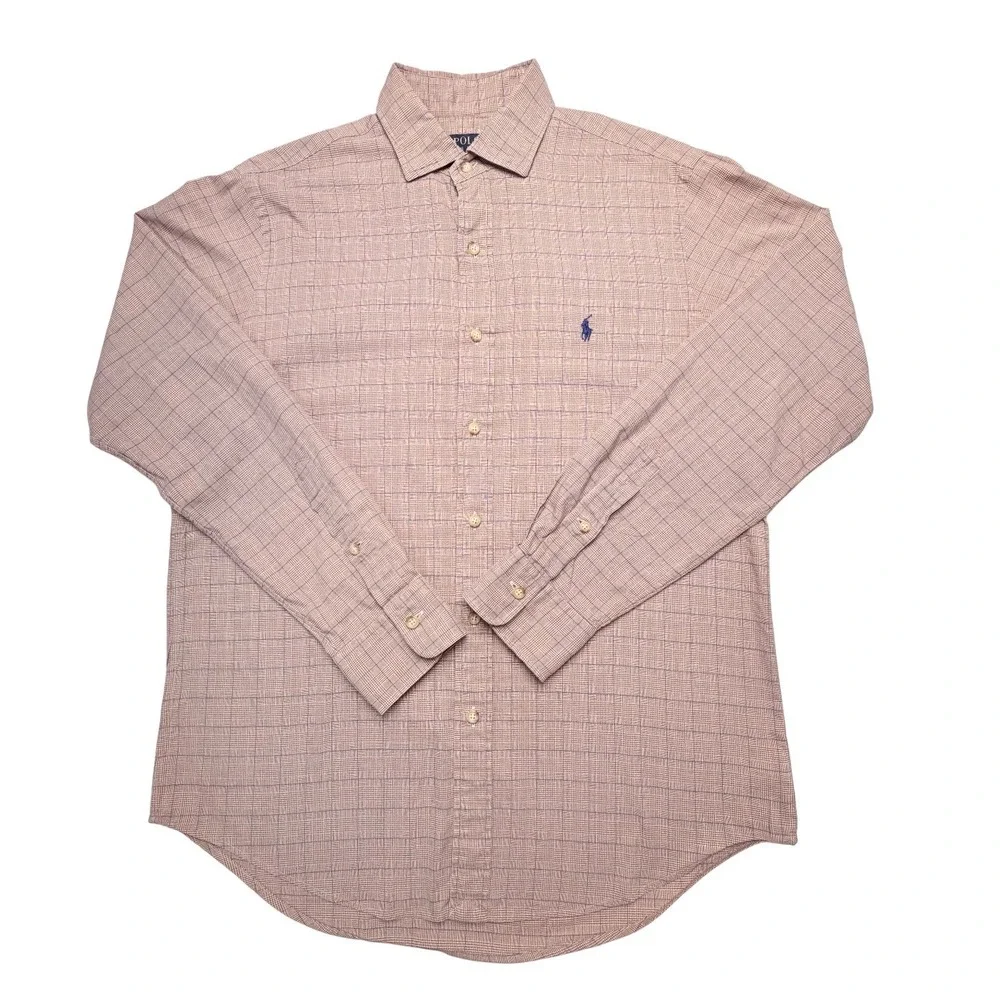 Ralph Lauren Mens Medium Brown Plaid Cotton Button Down Shirt Preppy Neutral